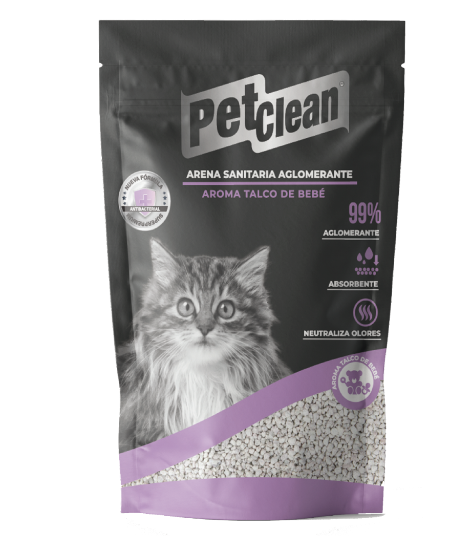 arena sanitaria aglomerante aroma talco de bebé marca petclean